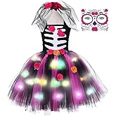 Tutu Dreams LED Day of the Dead Costume for Girls with Veil Headwear Hallwoeen Dress Up Clothes Holiday Party