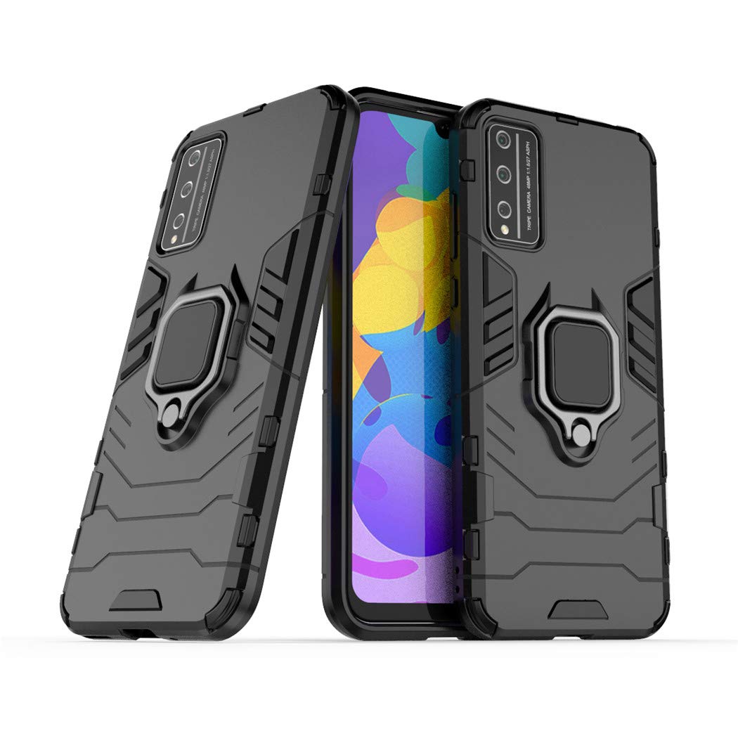 Compatible with Huawei Honor Play 4T Pro Case, Metal Ring Grip Kickstand Shockproof Hard Bumper (Works with Magnetic Car Mount) Dual Layer Rugged Cover (Black)