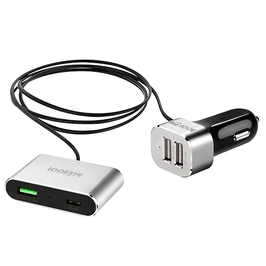 Cargador de Coche 57W con 4 Puertos USB un Puerto Tipo-C,un Puerto USB de Carga Rápida y Dos Puertos USB A Car Charger con un Cable 2m Para el Asiento Delantero / Trasero Para Dispositivos IOS y Android - Milool