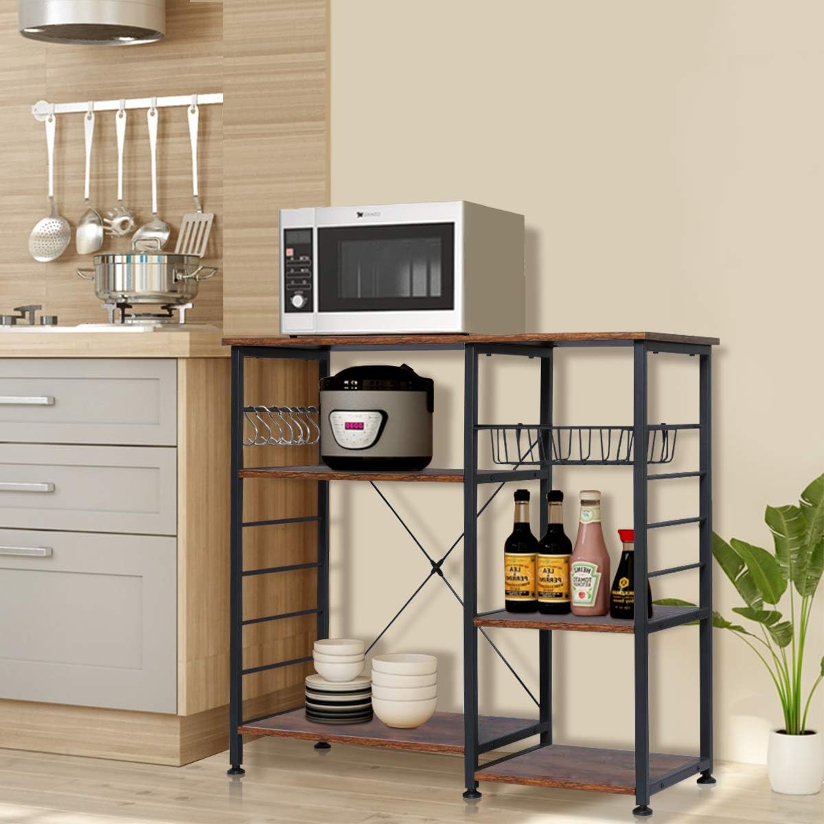 KingSo Industrial Kitchen Baker’s Rack Utility Storage Shelf, Microwave Oven Stand Kitchen Shelf Organizer Work Table with 7 Hooks, Simple Assembly Wood Look - Standing Baker's Racks