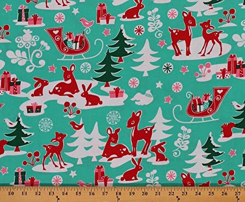 Cotton Yule Critters Christmas Animals Trees Presents Gifts Holiday Sleigh Cotton Fabric Print by the Yard CX4079-Aqua