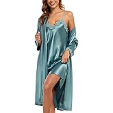BestWendding Women's Silk Robe Set 2 Pieces Pajamas Sets Sexy Soft Satin Robe with V Neck Camisole Lingerie Nightgown