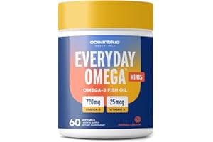 Oceanblue Essentials Everyday Omega Minis – 60ct – Burpless Fish Oil with Vitamin D3 – for Heart and Immune Support – Easy to Swallow Mini Softgels – Tasty Orange Flavor – 1 Month Supply