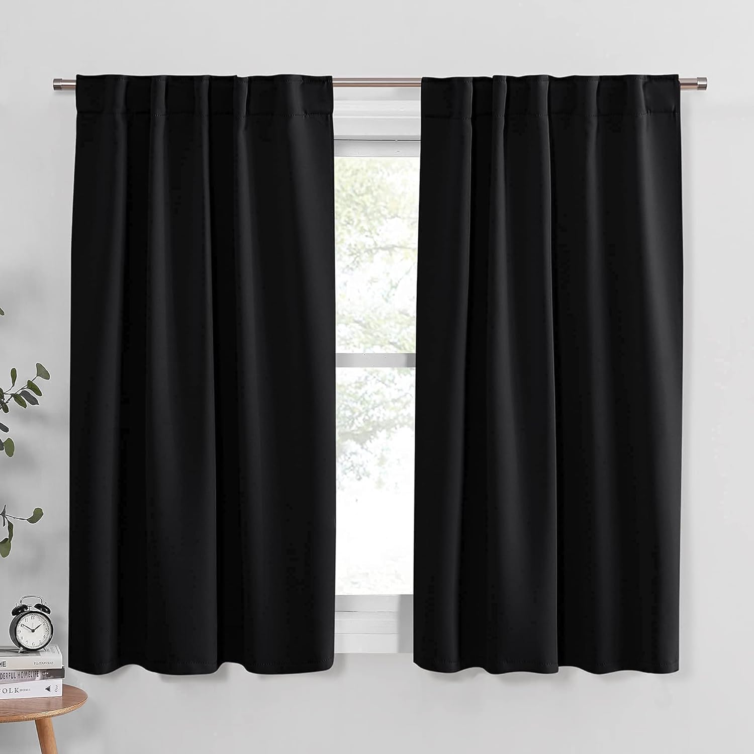 Window Treatments - PONY DANCE Blackout Curtains Set - Short Window Curtain Panels - Thermal Insulated Sound Proof Back Tab/Rod Pocket Draperies for Bedroom/Kitchen, 42 Wide by 45 Inches Long, Black, 2 Panels