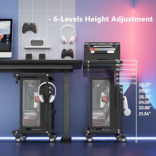 ZUAVIALA COMPUTER TOWER STAND, 6 LEVEL HEIGHT AJUSTABLE PC TOWER STAND FOR FLOOR, MOBILE ROLLING CPU HOLDER CART FOR GAMING OFFICE HOME,21.34″-28.3″, BLACK