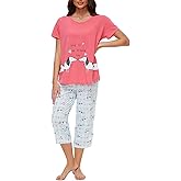 CHUNG Women Cotton Pajama Sets Sleepwear pjs Short Sleeve Shirt Capri Length Crop Pants Cute Vivid Print