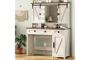 AOGLLATI Makeup Vanity with Lights & Barn Doors, Vanity Desk with Mirror and Lights & Charging Station, Farmhouse White Vanity Table with Jewelry Hooks and Open Storage Shelves