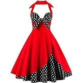 Women Vintage 1950s Rockabilly Swing Dress 50s Pinup Retro Hepburn Style A-Line Halterneck Floral Dresses