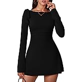 Aprilake Women's Long Sleeve Boat Neck Bodycon Ruched Elegant Bow Tie Party Mini Dress