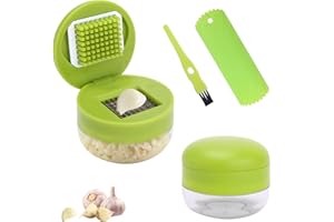 Foyucool Garlic Press Set - 2 Piece Crusher With Silicone Peeler and Cleaner Brush, Food Grade Stainless Steel Blades, Easy t