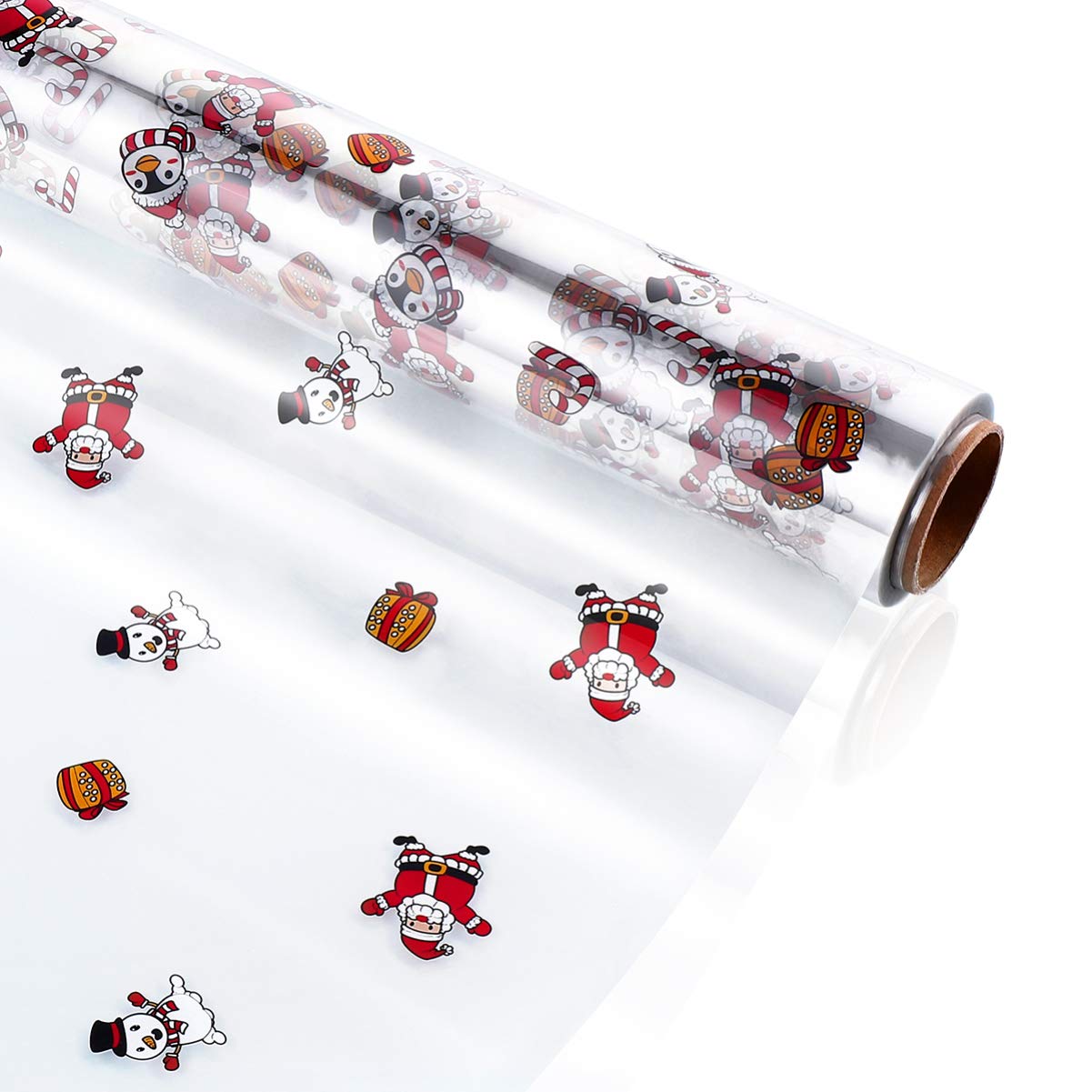NUOBESTY 1 Roll Christmas Wrapping Paper 2.5 Mil Santa Claus Snowman Cellophane Wrap Santa Thick Florist Wrapping Cellophane Paper for Arts Crafts Baskets 30mx40cm