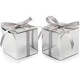 COTOPHER 60pcs Wedding Favor Boxes, Paper Gift Boxes 3x3x3 Inches Small Gift Boxes with Ribbons Small Boxes for Gifts, Crafting, Cupcake, Candy, Bridesmaid Proposal Boxes (Metallic Silver)