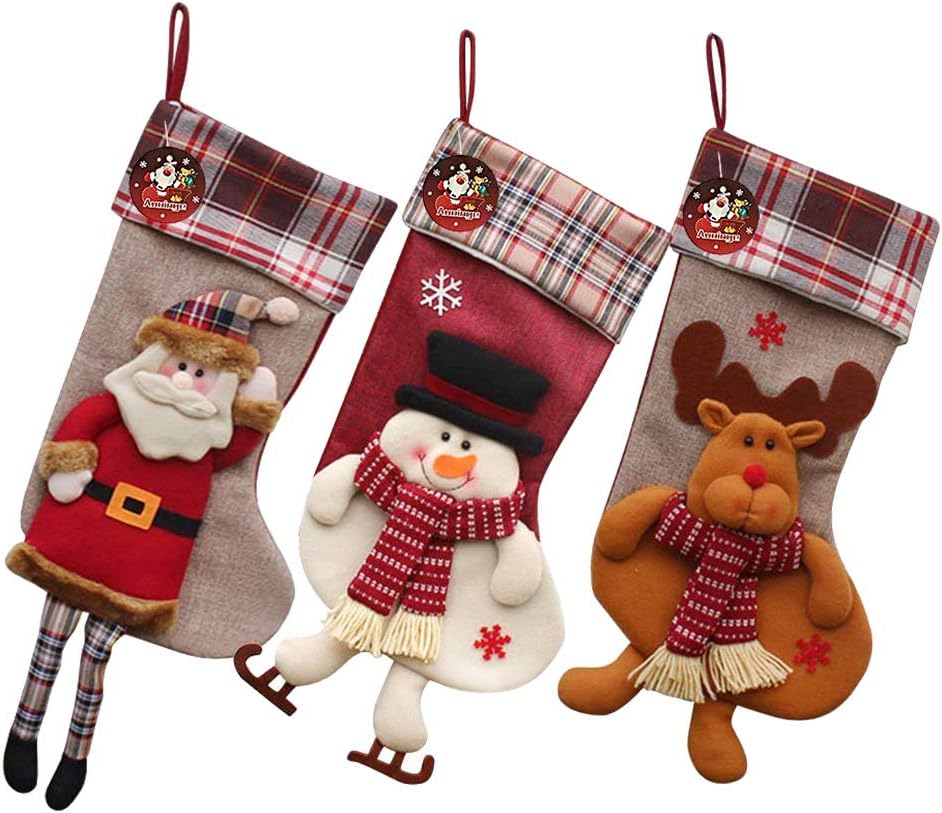 Auoinge 18" Christmas Stockings, 3pcs 3D Plush Classic Xmas Stockings of Santa Snowman Reindeer with Embroidered Edges Hanging Loops for Christmas Decoration … (a-Long Legs Family)