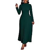 Nmoder Maxi Long Dress for Women, Casual Pleated Empire Waist Dresses Crewneck Long Sleeve