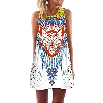 TUDUZ Damen Sommer Vintage Boho Ärmelloses Sommerstrand Gedruckt Kurzes Minikleid Blumenkleid T-Shirt Tops Kleider-Faschingsk