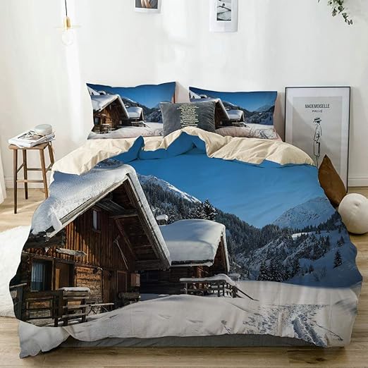 Zozun Juego de Funda nórdica Beige, Casas de Madera en Las montañas