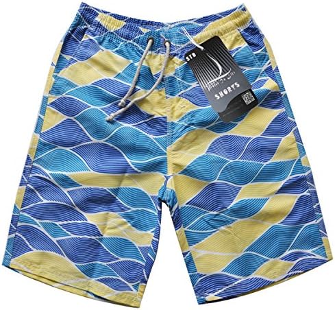 Mens Beachwear Board Shorts Quick Dry Waterproof Striped Swim Truncks, Water Short Swimsuit - Cargo Pockets - Drawstring Waist(2XL Size,Blue Wave Color)
