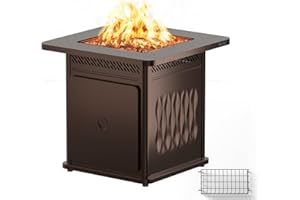 EAST OAK 28'' Propane Fire Pit Table, 50,000 BTU Steel Gas FirePit for Outdoor, Outside Patio Deck and Garden, CSA Certified Fire Table with Magnetic Lid, Cover-Storage Basket and Lava Rock , Brown
