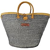 Ash Wisdom Handmade Sisal Straw Basket Tote Bag, Lightweight Market Basket with Leather Strap Handles and Button Closure, Large Straw Purse Suitable for Travel, Handmade Summer Tote Handbag for Women