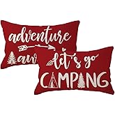 ULOVE LOVE YOURSELF Adventure Camper Decorative Lumbar Pillowcase Double-Sided Let’s Go Camping/Adventure Awaits Throw Pillow Covers Cabin/Camper Cushion Covers 12x20,2Pack for Sofa/Couch/Porch (Red)