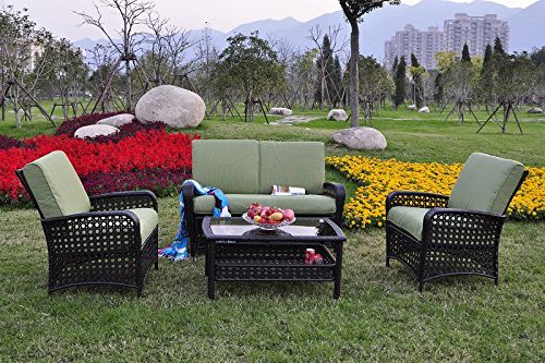 Garden Bean 4 PC All Weather Sectional Patio Rattan Wicker Sofa Cushioned Seat Furniture Set Bro ...