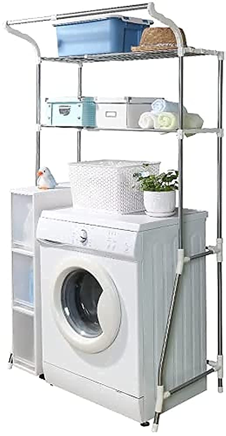 BAOYOUNI 2-Tier Over Washing Machine Storage Shelf Rack Metal Behind the Toilet Bathroom Shelving Unit Expandable Laundry Room Washer Dryer Space Saving Organiser with Clothes Haning Rod and 6-Hook
