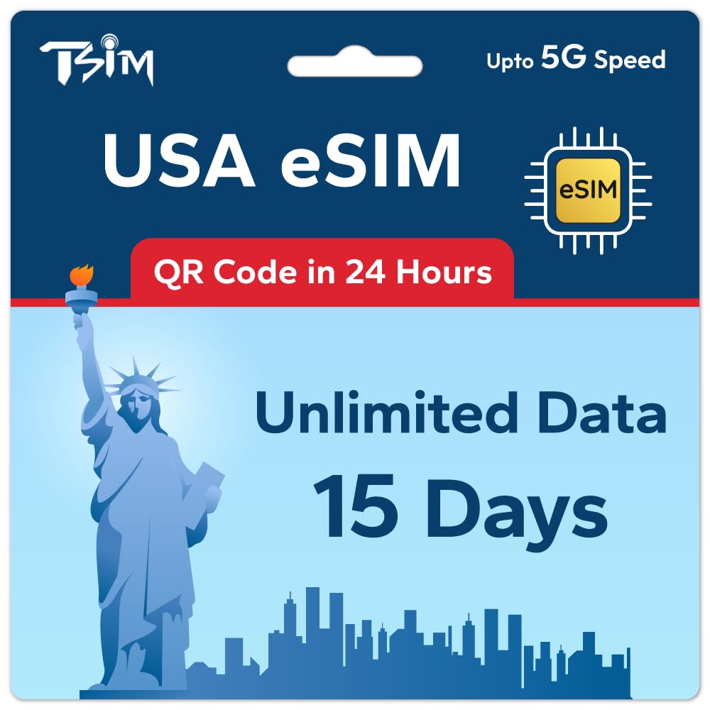 TSIM USA eSIM 15 Day | Unlimited Data | High Coverage Multi-Operator 5G Network | Auto-Activating | Refillable Plan | Hotspot Allowed | eSIM QR Code Sent by Email within 24Hrs of Shipping | Data Only