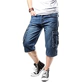 Idopy Men`s Motorcycle Loose Fit Cropped Work Jeans Denim Cargo Shorts