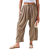 TARSE Womens Linen Wide Leg Pants Casual Loose Drawstring Summer Beach Travel Vacation Palazzo Harem Pants with Pockets