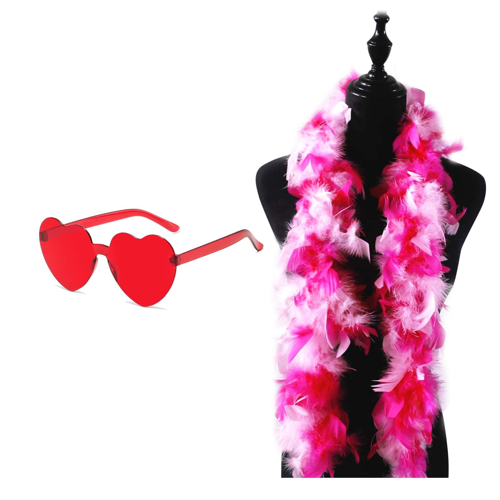 AWAVM Hot Pink Feather Boas,Pink Boa for Women,Feather Boa and Heart Glasses for Dancing Wedding Party Cosplay Halloween,with Heart Rimless Sunglasses（Rose-pink）