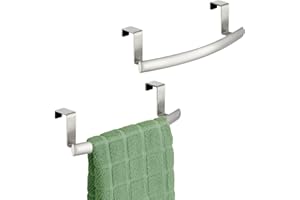mDesign Steel Over Door Curved Towel Bar Storage, Hanger for Cabinet or Cupboard, Holder Rack for Kitchen, Bathroom - Holds Hand/Dish Towels, Washcloths - Spira Collection - 2 Pack - Brushed Chrome