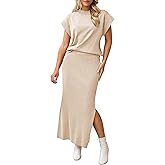 Pink Queen Women's 2 Piece Sweater Outfits Set Summer Cap Sleeve Tops Bodycon Maxi Long Skirt Knit Dresses