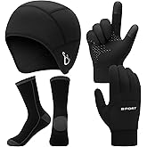 Funnysoft 3 Pack Winter Cycling Skull Cap for Men Under Helmet Liner Thermal Fleece Bike Beanie Hat with Glasses Holes Windproof Waterproof Touchscreen Gloves Black Warm Socks Set