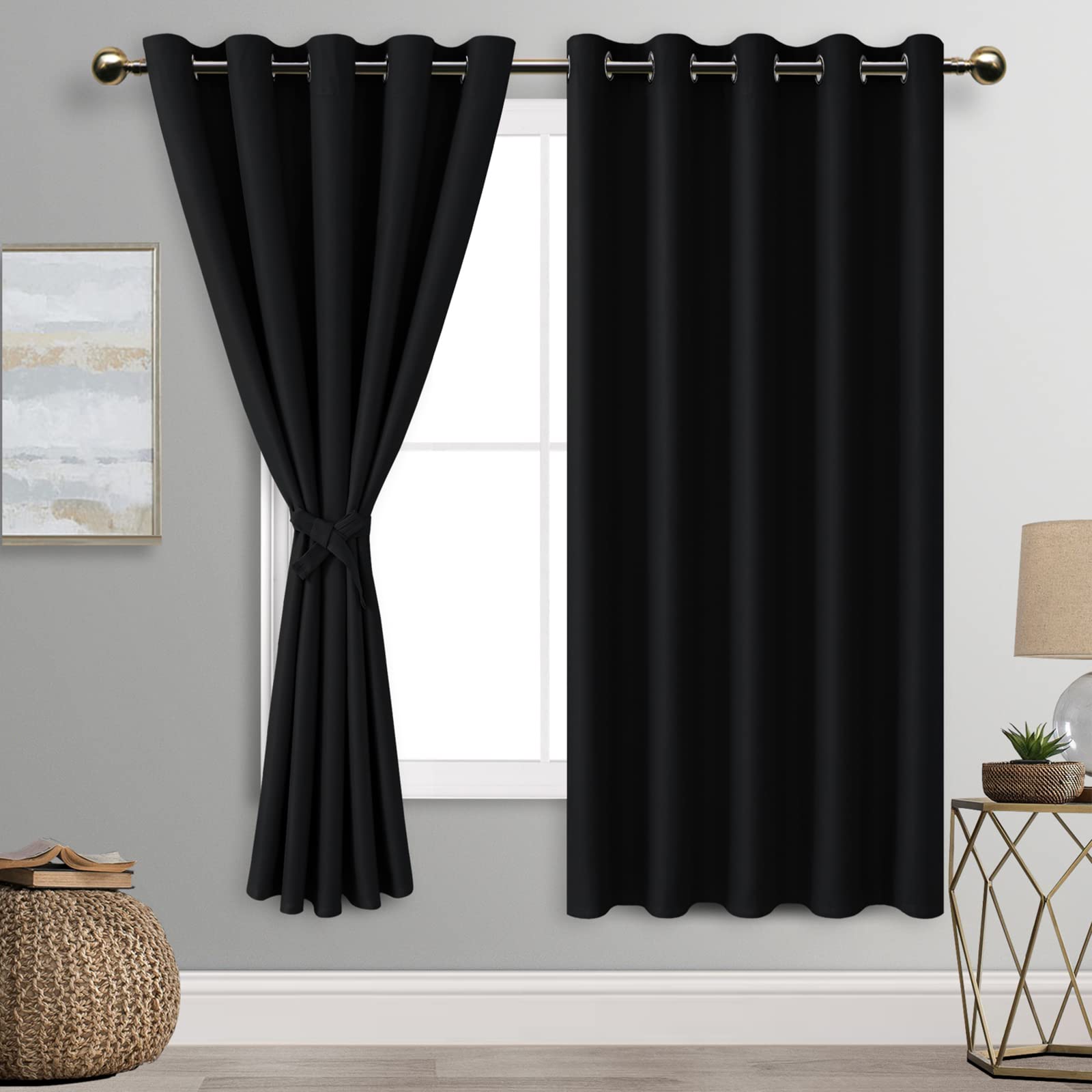 DWCN Black Blackout Curtains with Tiebacks for Bedroom Thermal Insulated Solid Eyelet Curtains for Living Room,2 Panels,66" Wide x 72" Drop — image 1