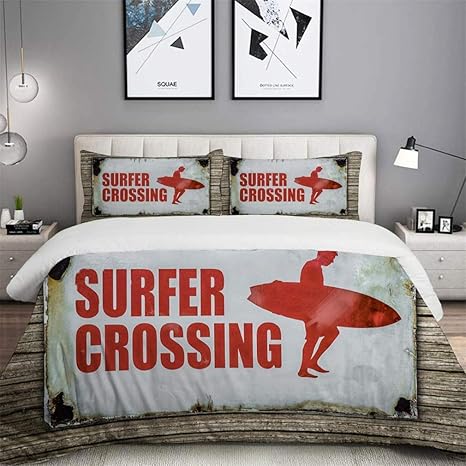 Amazon Alarras 寝具 安い 通販 サーフィンハイチ赤いクリーム色の茶色の木製の背景にヴィンテージのさびた皮肉なサーファー交差警告サイン 柔らかい 厚手生地 丸洗い速乾 抗菌防ダニ シワになりにくい 布団カバー可愛いシングル 韓国布団カバー 寝具カバーセット