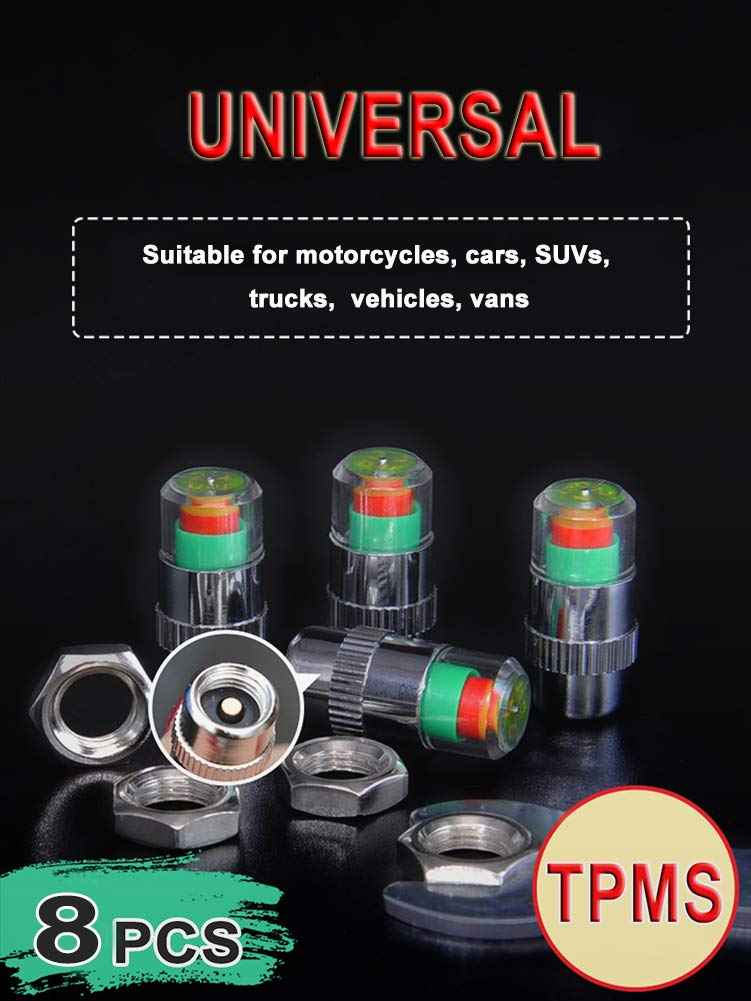 QUNQI STAR Tire Pressure Monitor Valve Caps Anti-Theft Sensor Indicator 3 Color Eye Alert for Car SUV Truck Motorcycles Vehicles (2 Set(8pcs))