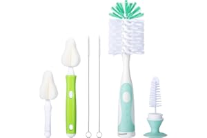 CAREBABYMORE Baby Bottle Brush with One Base Hidden Nylon Nipple Cleaner, 2 Pcs Sponge Nipple Brushes, 2 Pcs Straw Brushes, Bottle Brush with Nipple Cleaner and Suction Cup (Green)