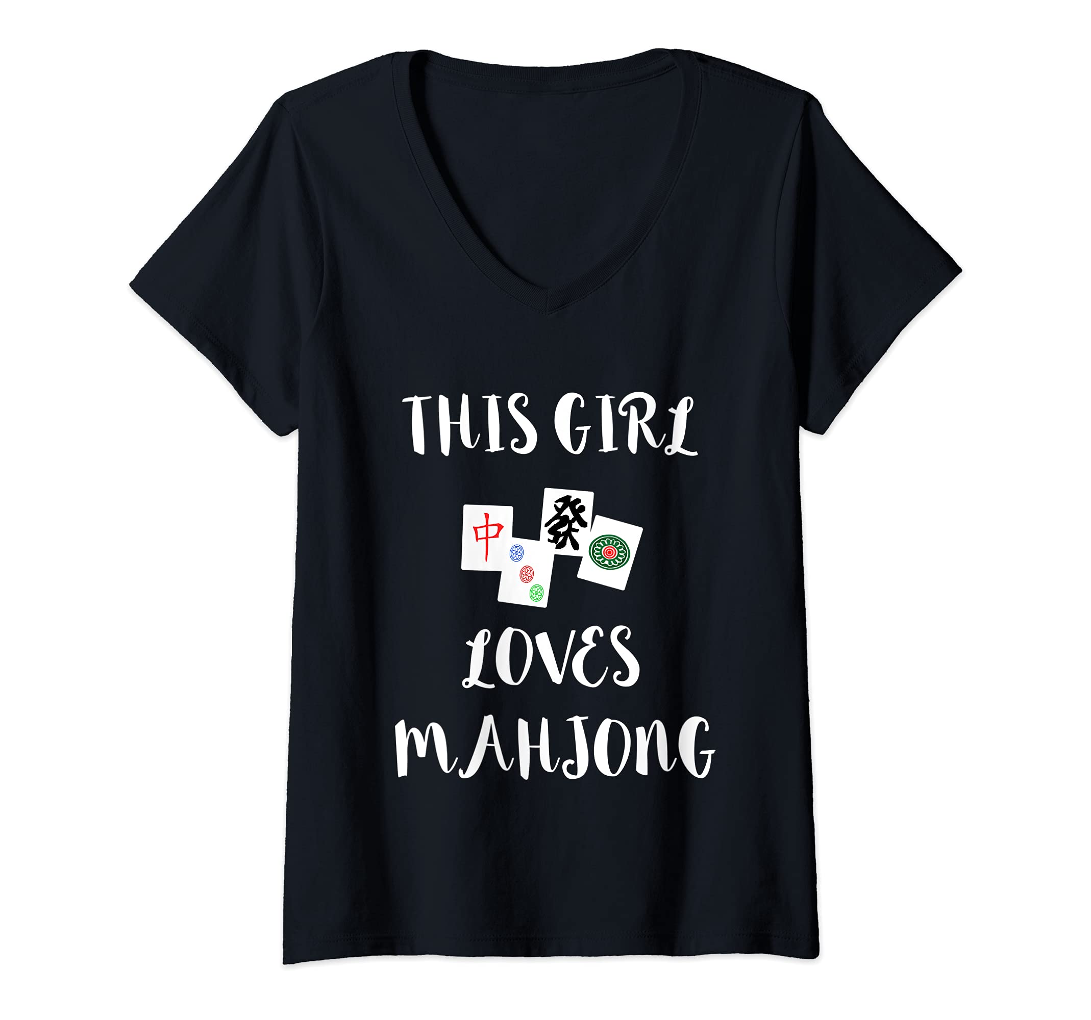 Womens This Girl Loves Mahjong Player Playing Chinese Game V-Neck T-Shirt
