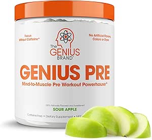 Genius Pre Workout Powder – All Natural Nootropic Preworkout &amp; Caffeine Free Nitric Oxide Booster w/Beta Alanine &amp; Alpha GPC | Boost Focus, Energy &amp; NO | Muscle Builder Supplement – Essential Herbs