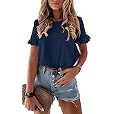 PRETTYGARDEN Women's Short Sleeve Casual T Shirts Summer Ruffle Plain Round Neck Loose Fit Tee Blouse Tops
