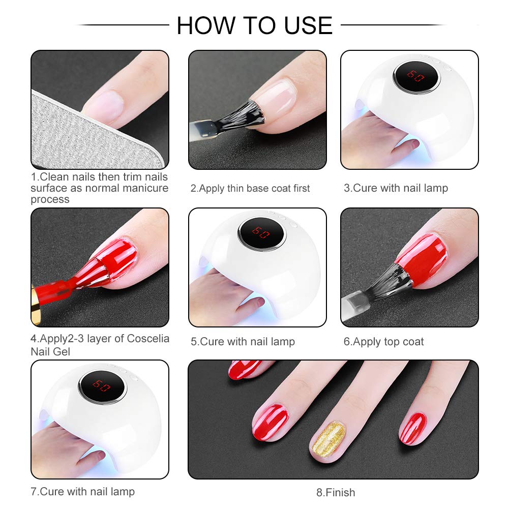 Coscelia Gel Nail Polish Set 8 Colors Fall Gel Nail Polish Glitter Red Green Blue Nude Colors Popular Pastel Fall Collection U V LED Soak Off Gel Polish Nail Art Manicure Kit for Salon Home DIY : Beauty