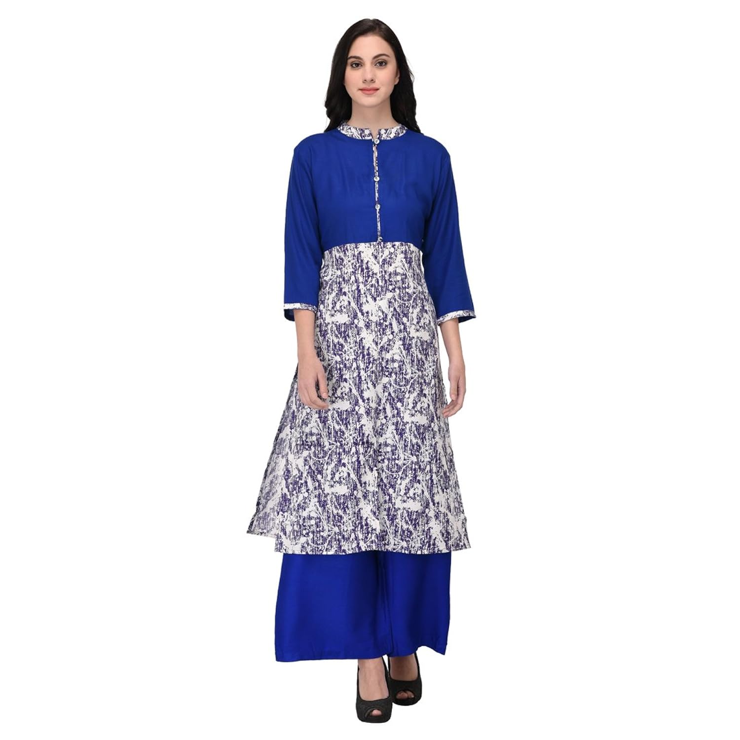 inaayo women's rayon 3/4 sleeve printed frontslit kurti with matching plazzo