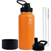 honogo 32 oz Powder Coated Double Wall Vacuum Insulated Sports Water Bottle, 18/8 Stainless Steel Wide Mouth Thermal Flask with Straw Lid & Spout Lid, Leak Proof, Sweat Free, BPA Free (Orange, 32 oz)