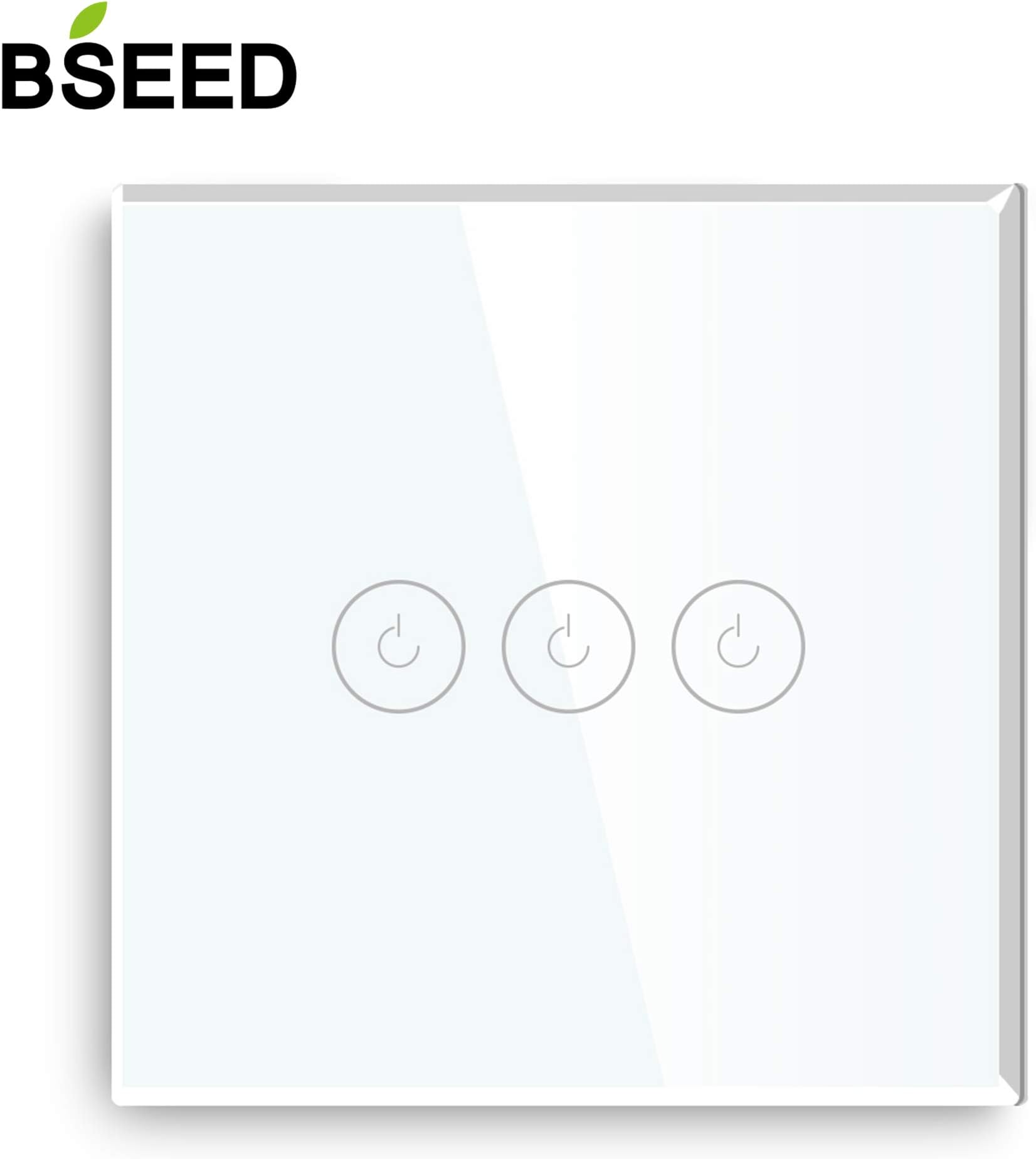 BSEED 86mm Crystal Panel 110V - 250V Touch Wall Light Switch 3 Gang 2 Way 800W Per Button White