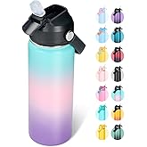 Fijinhom 32oz Insulated Stainless Steel Water Bottle, Wide Mouth Double Wall Vacuum, Silicone Straw, Sweat & Leak Proof, BPA Free Insulated Water Flask for Travel, Keep Cold 24h Hot 12h, Pink