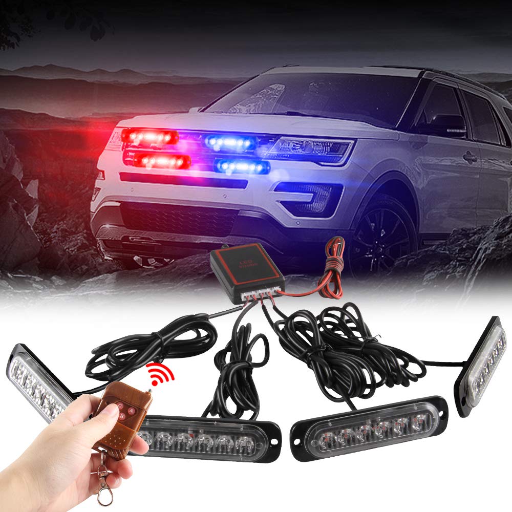 Teguangmei 4x6 LED Car Emergency Strobe Flashing Beacon Lights 4 in 1 Surface Mount Grill Light Warning External Light with Wireless Remote for Vehicle Truck Trailer Van DC12V Red Blue