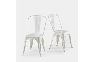 SOLEGGIATA White Metal Dining Chairs Set of 2 Iron Stackable Industrial Tolix Style Outdoor Farmhouse Kitchen Cafe Arctic White Color