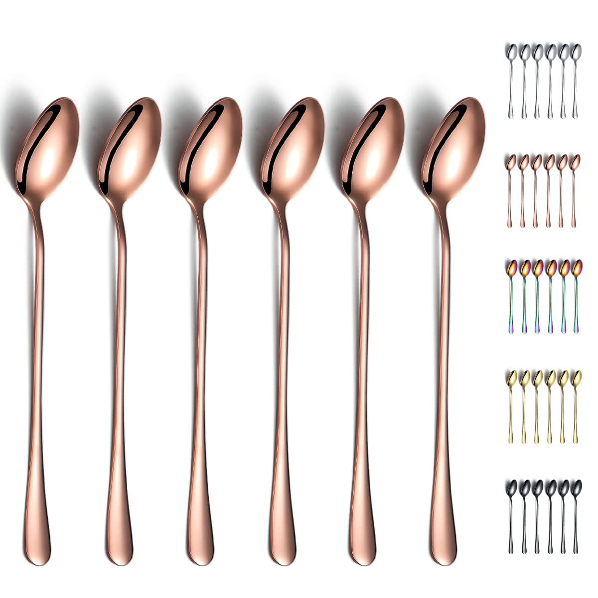Rose Gold Iced Spoon,Kyraton Stainless Steel 7.5" Long Handle Mixing Spoon with Copper Titanium Plating,Ice Cream Spoon, Stirring Bar Spoon, Cocktail Spoon, Latte Spoon Pack of 6