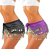 2 Pack Women's Belly Dance Hip Scarf, Belly Dance Skirt Wrap with Sequins Coins, Belly Dancer Costume for Bellydance,Zumba