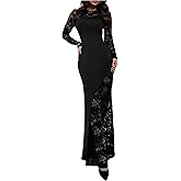 GORGLITTER Women's Floral Lace Dress Long Sleeve Bodycon Sexy Sheer Elegant Evening Maxi Dresses